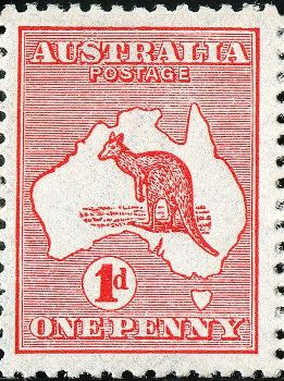 Featured is a photo of the first Australian stamp issued in 1913 ... depicting a kangaroo on a "map" of Australia.